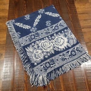 VTG 53x43 Floral Woven Throw Afghan Blanket Cottagecore Farmhouse Tapestry